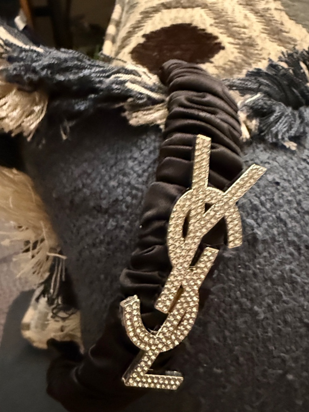 Yves Saint Laurent Black  Headband with Crystal YSL logo